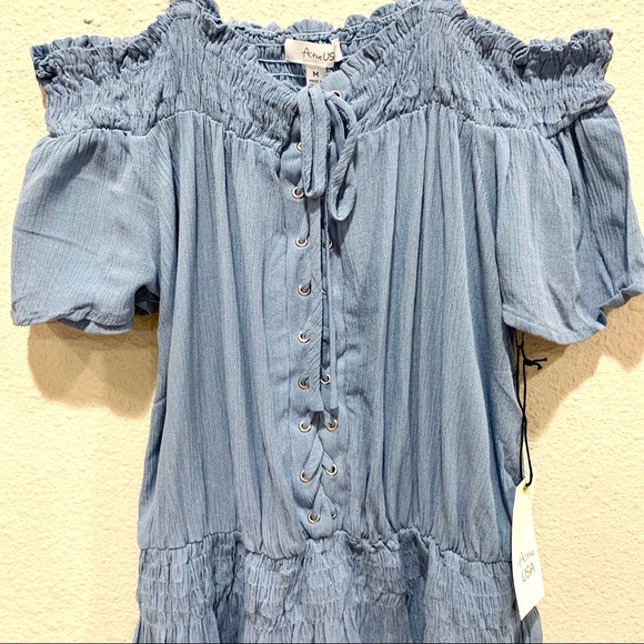 Open Shoulder Blue Corset Detail Blouse (NWT) - Picture 4 of 8